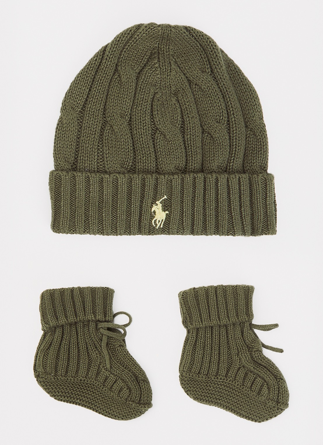 Ralph Lauren Muts en slofjes cadeauset van katoen  - voorkant olijfgroen