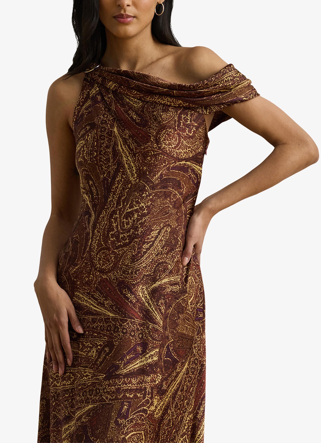 Ralph Lauren Off shoulder maxi jurk met gespdetail en print - detail 4 cinnamon multi / bruin