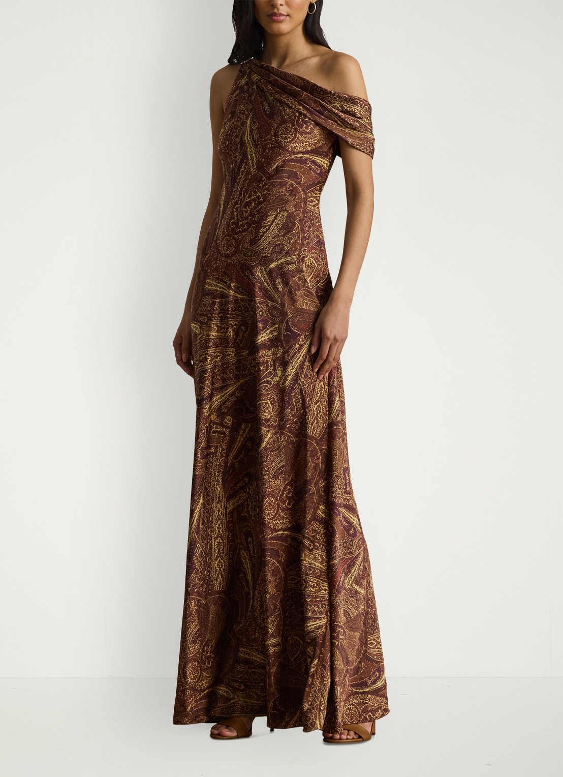 Ralph Lauren Off shoulder maxi jurk met gespdetail en print - voorkant 2 cinnamon multi / bruin