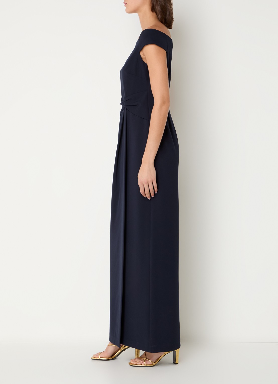 Ralph Lauren Off shoulder maxi jurk met plooidetail - voorkant 4 lighthouse navy / donkerblauw