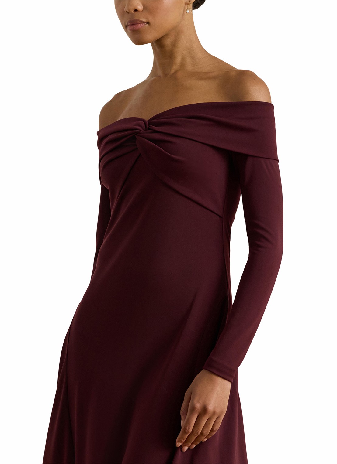 Ralph Lauren Off shoulder midi jurk met plooidetails - detail 3 dark garnet / bordeauxrood