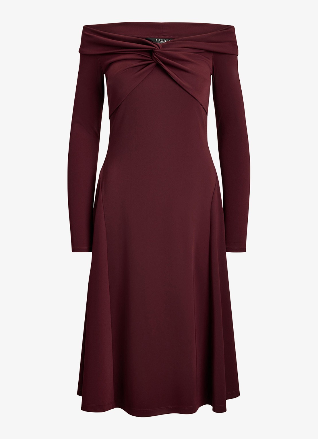 Ralph Lauren Off shoulder midi jurk met plooidetails - voorkant 4 dark garnet / bordeauxrood