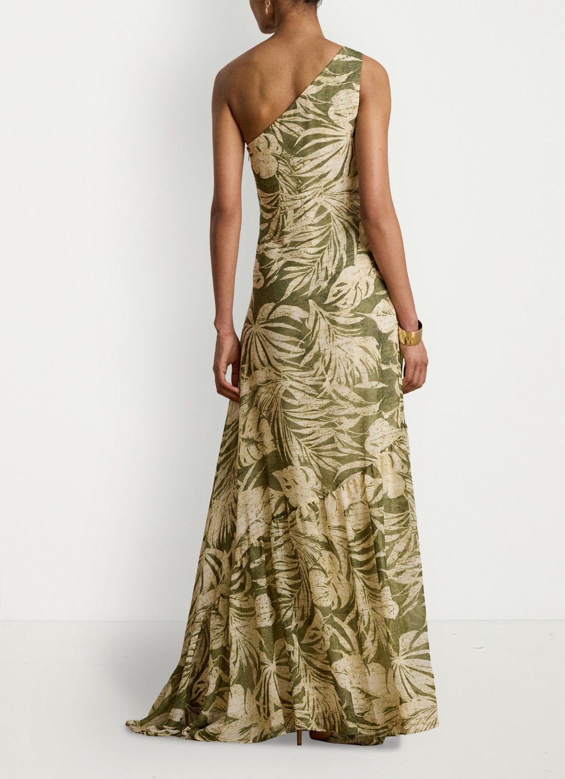 Ralph Lauren One shoulder maxi jurk met bladprint - achterkant 5 olive multi / groen