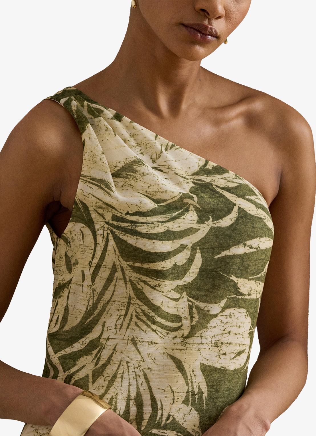Ralph Lauren One shoulder maxi jurk met bladprint - detail 3 olive multi / groen