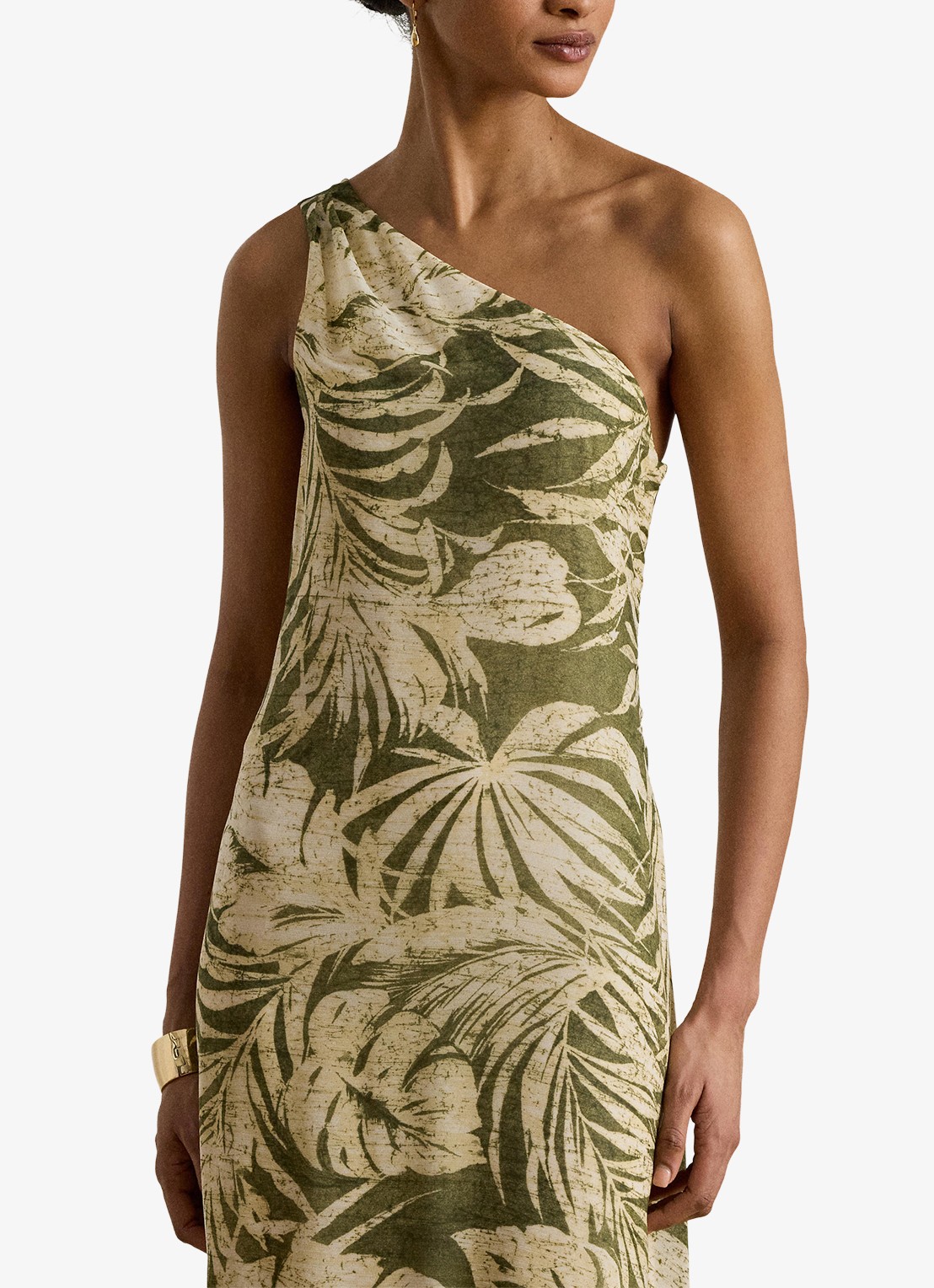 Ralph Lauren One shoulder maxi jurk met bladprint - detail 4 olive multi / groen