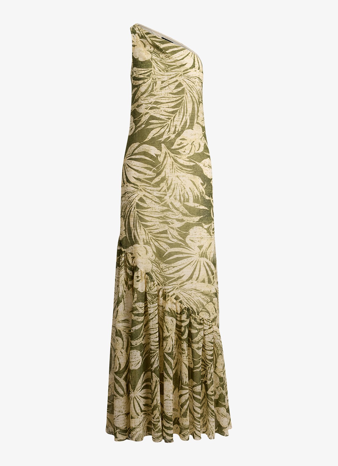 Ralph Lauren One shoulder maxi jurk met bladprint - voorkant olive multi / groen