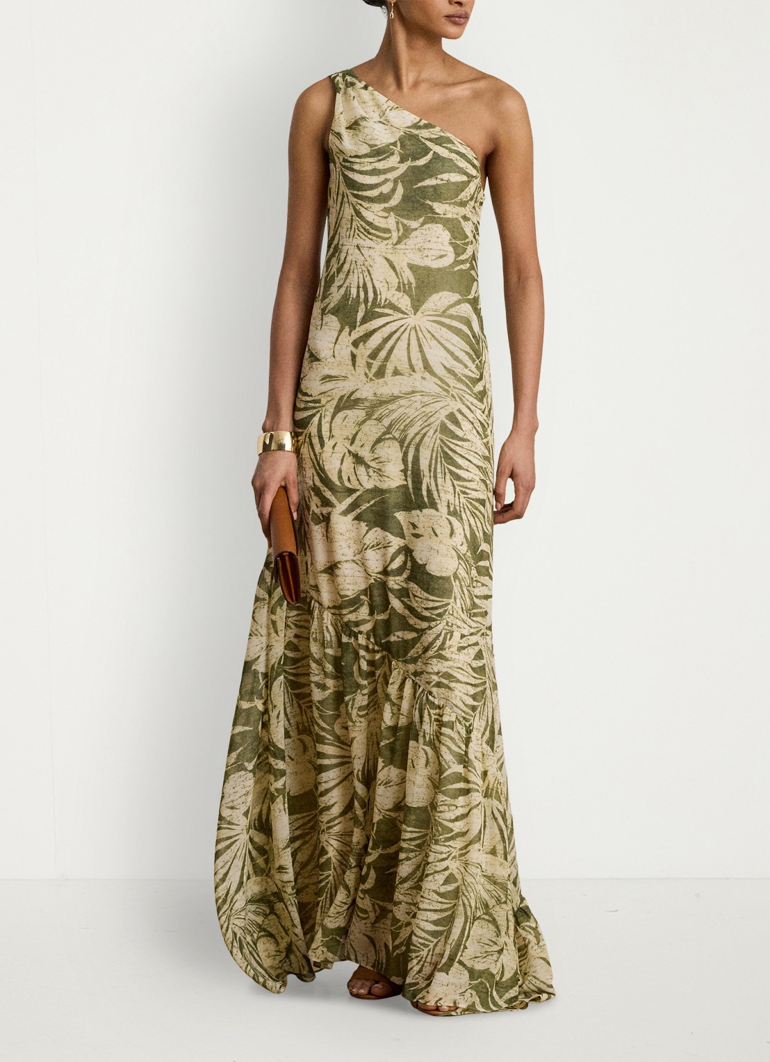 Ralph Lauren One shoulder maxi jurk met bladprint - voorkant 2 olive multi / groen