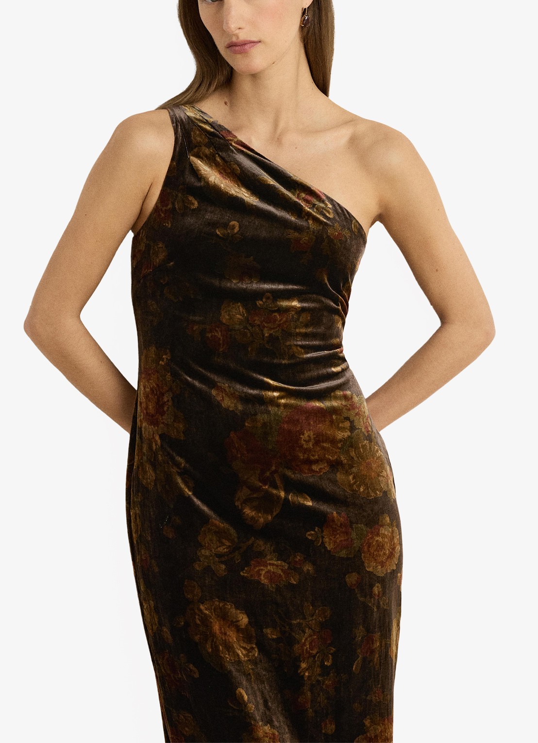 Ralph Lauren One shoulder maxi jurk met bloemenprint - detail brown multi / bruin