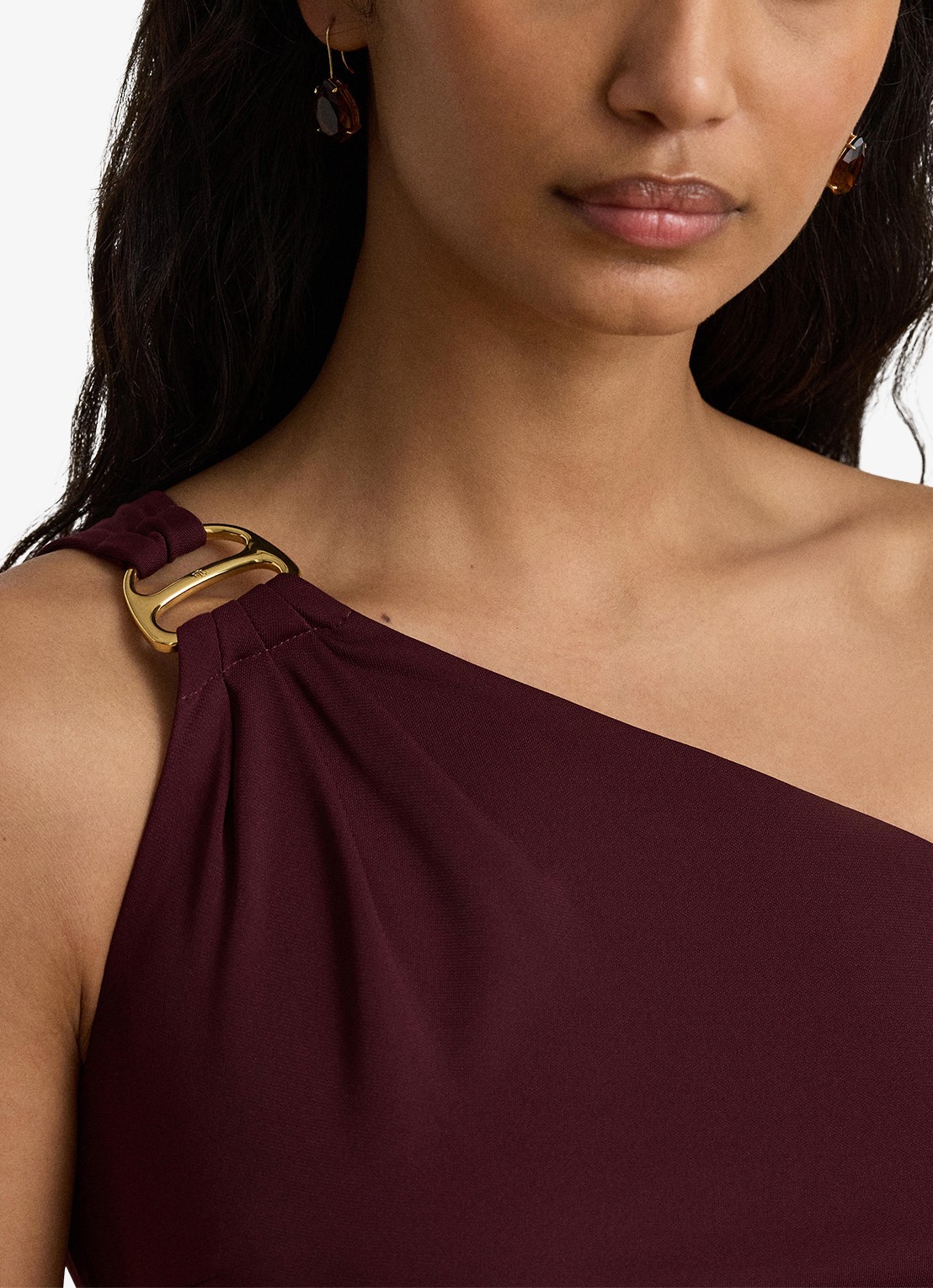 Ralph Lauren One shoulder maxi jurk met gespdetail - detail 2 dark garnet / bordeauxrood