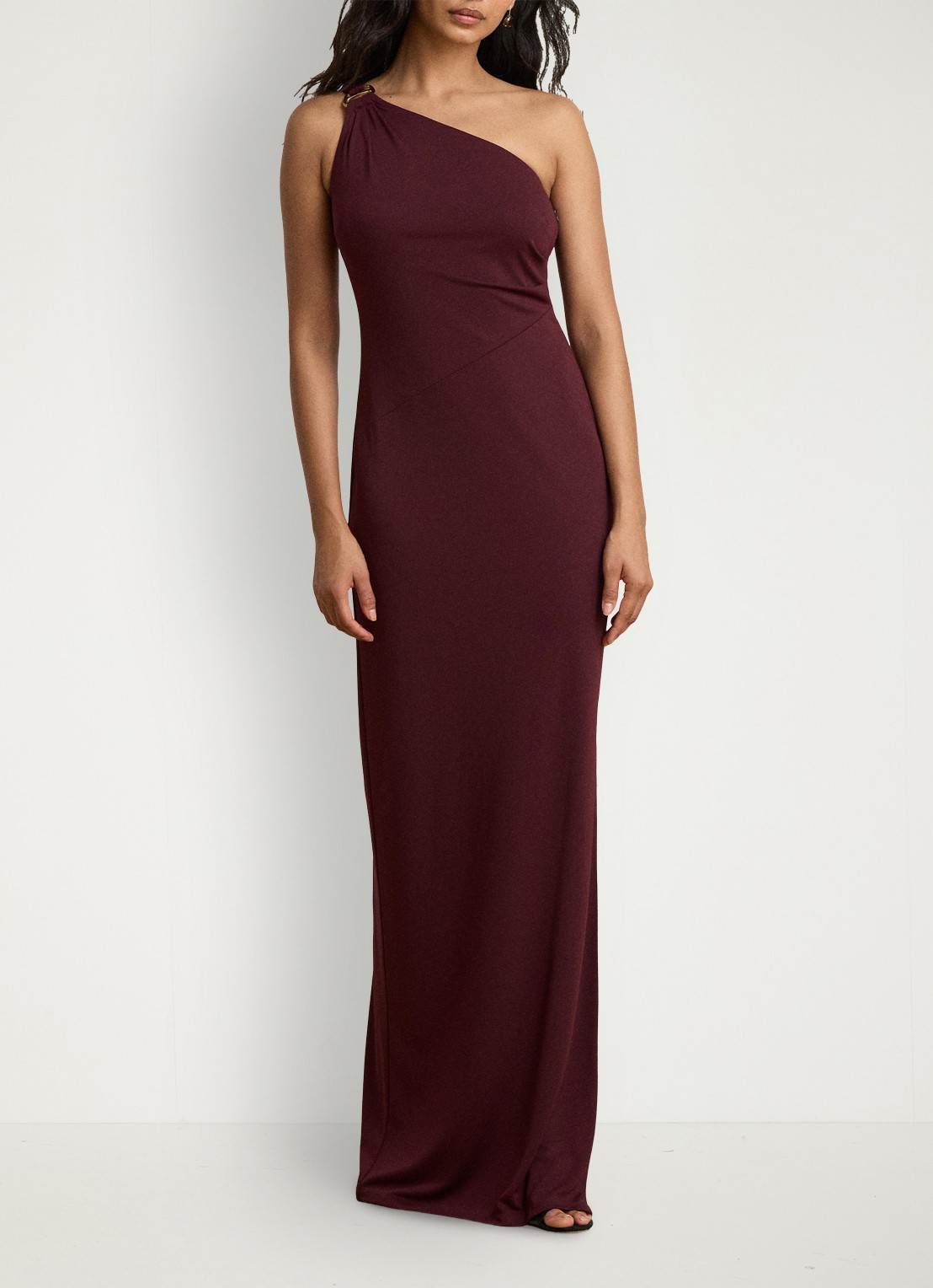 Ralph Lauren One shoulder maxi jurk met gespdetail - voorkant 5 dark garnet / bordeauxrood