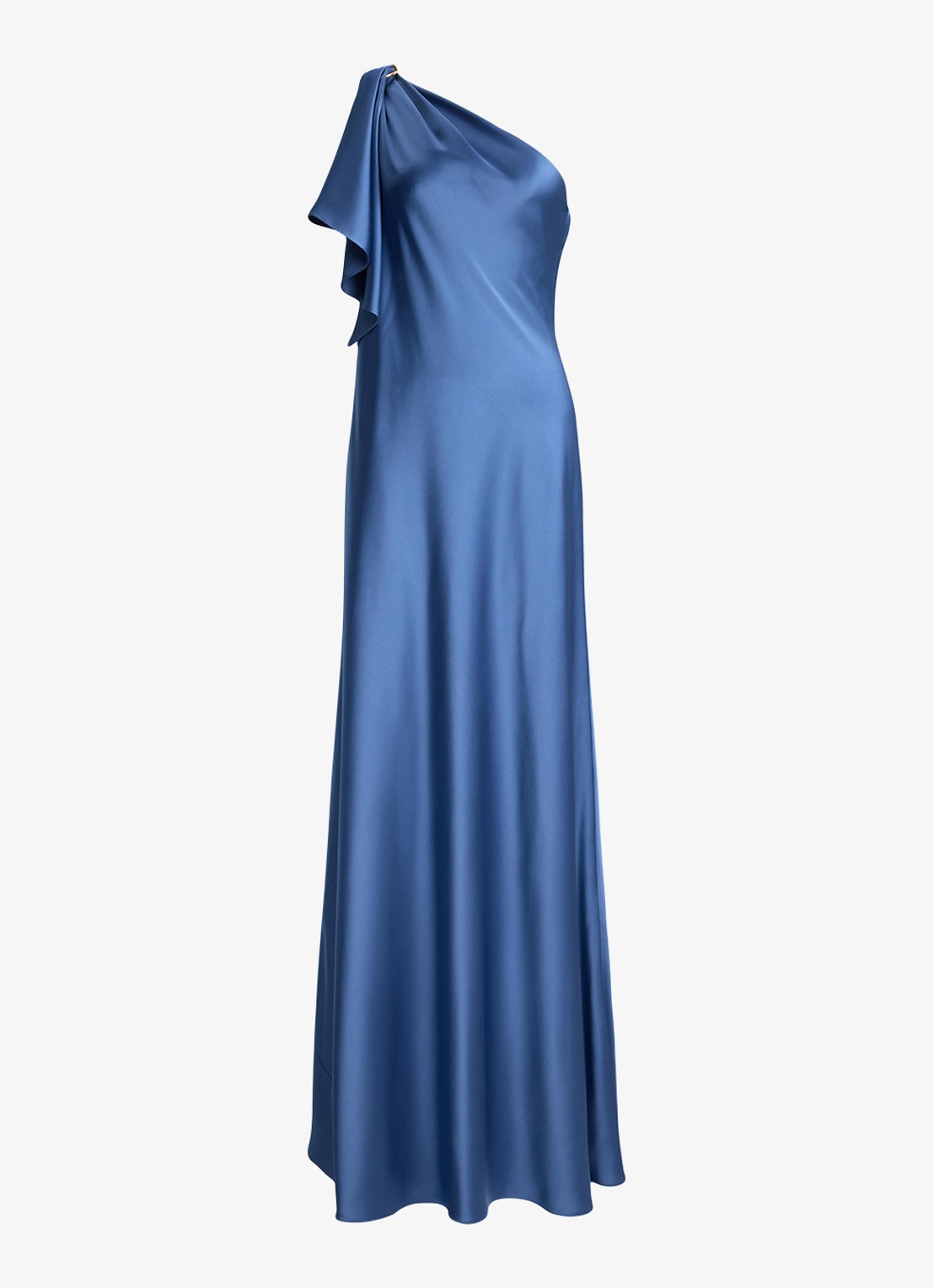Ralph Lauren One shoulder maxi jurk met volant - voorkant carson blue / blauw
