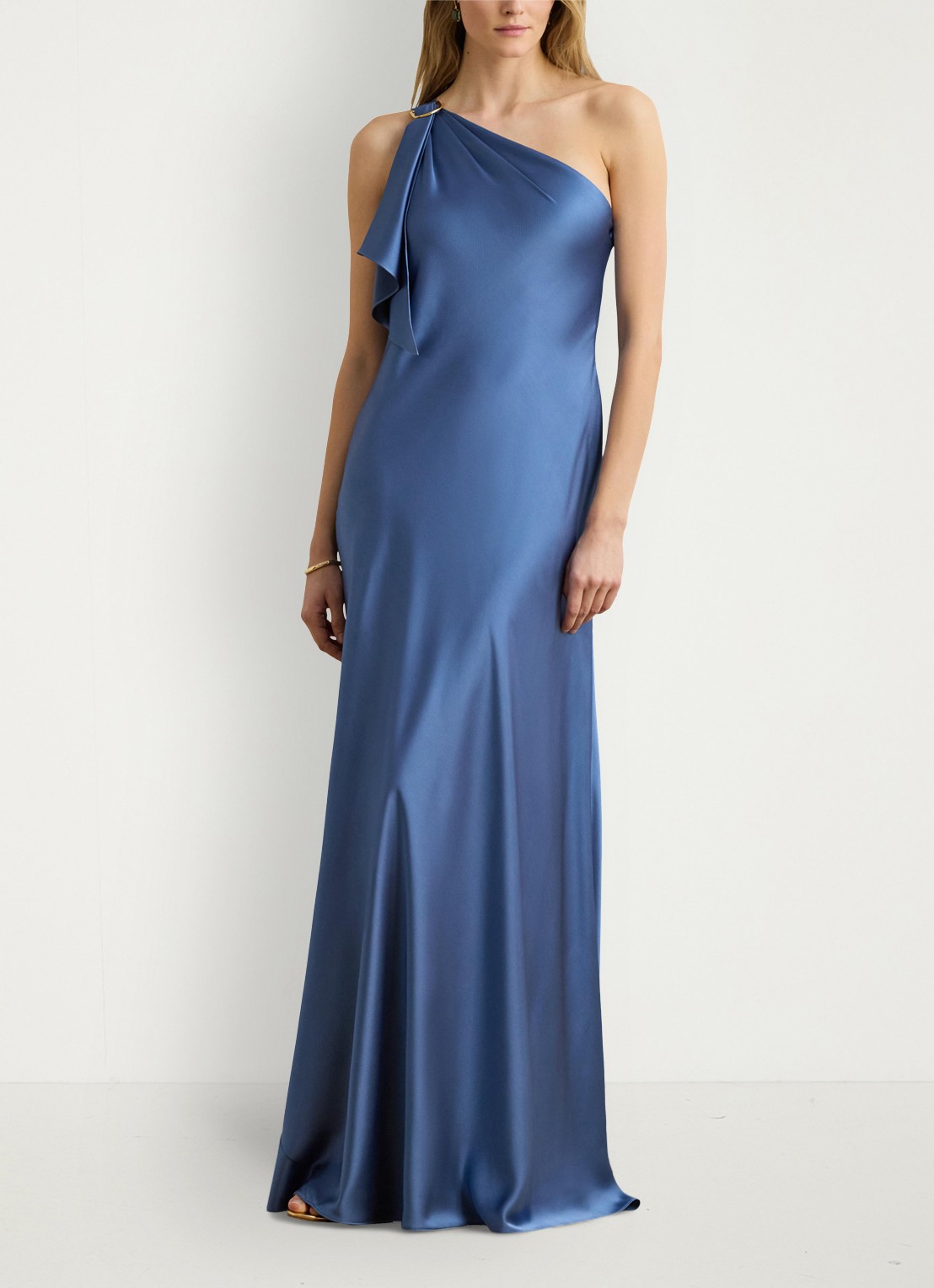Ralph Lauren One shoulder maxi jurk met volant - voorkant 2 carson blue / blauw