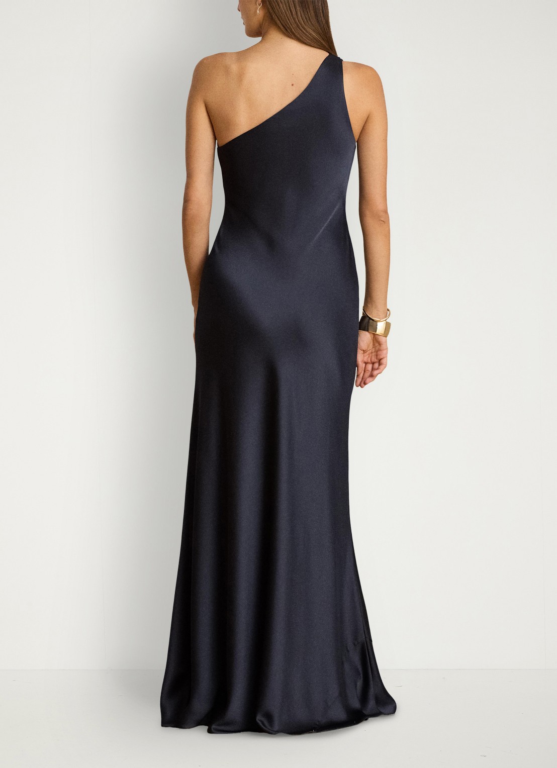 Ralph Lauren One shoulder maxi jurk van satijn - achterkant 3 lauren navy / blauw