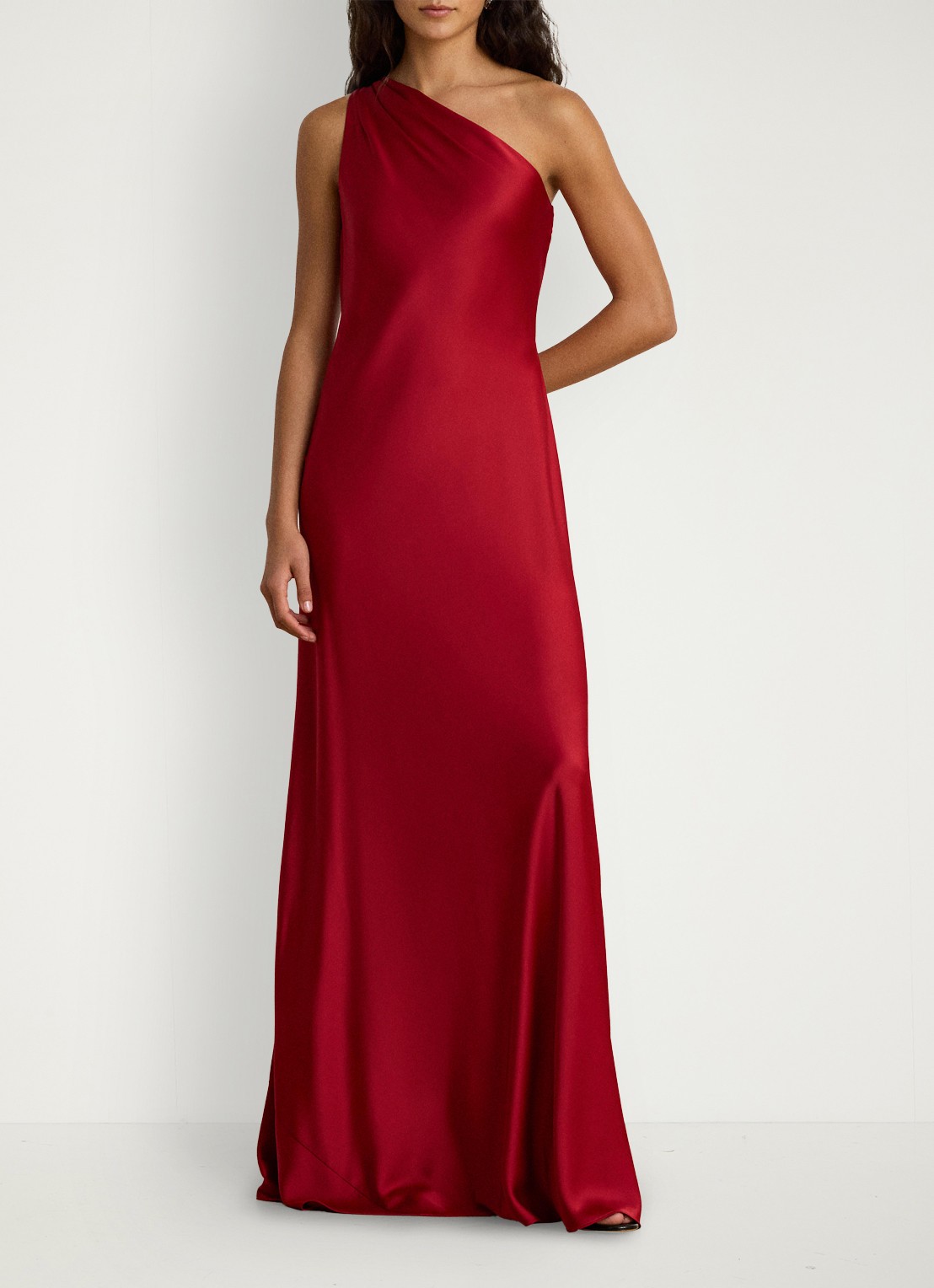 Ralph Lauren One shoulder maxi jurk van satijn - voorkant 3 ralph red / rood