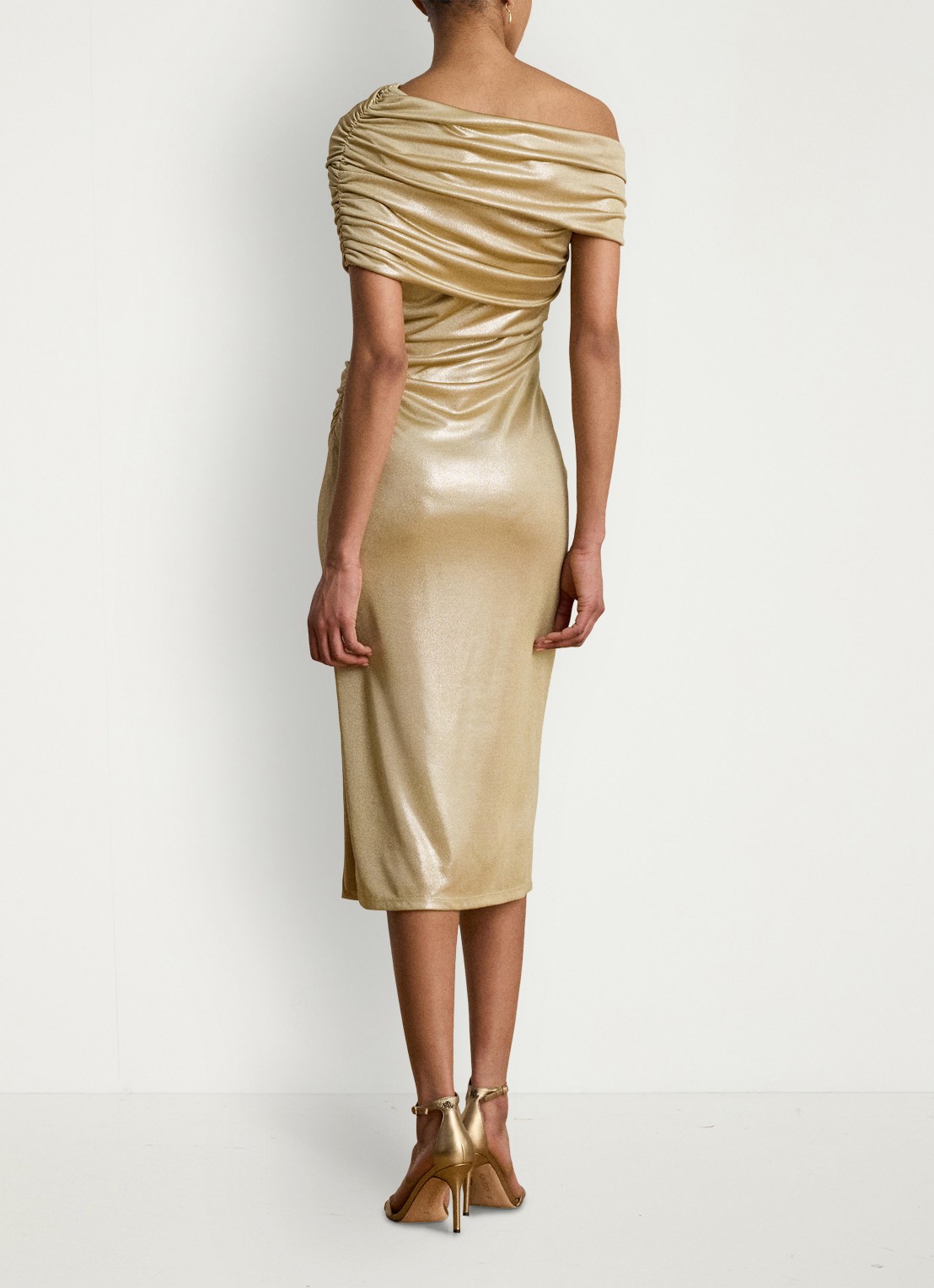Ralph Lauren One shoulder midi jurk met metallic finish - achterkant 3 birch tan/gold foil / beige