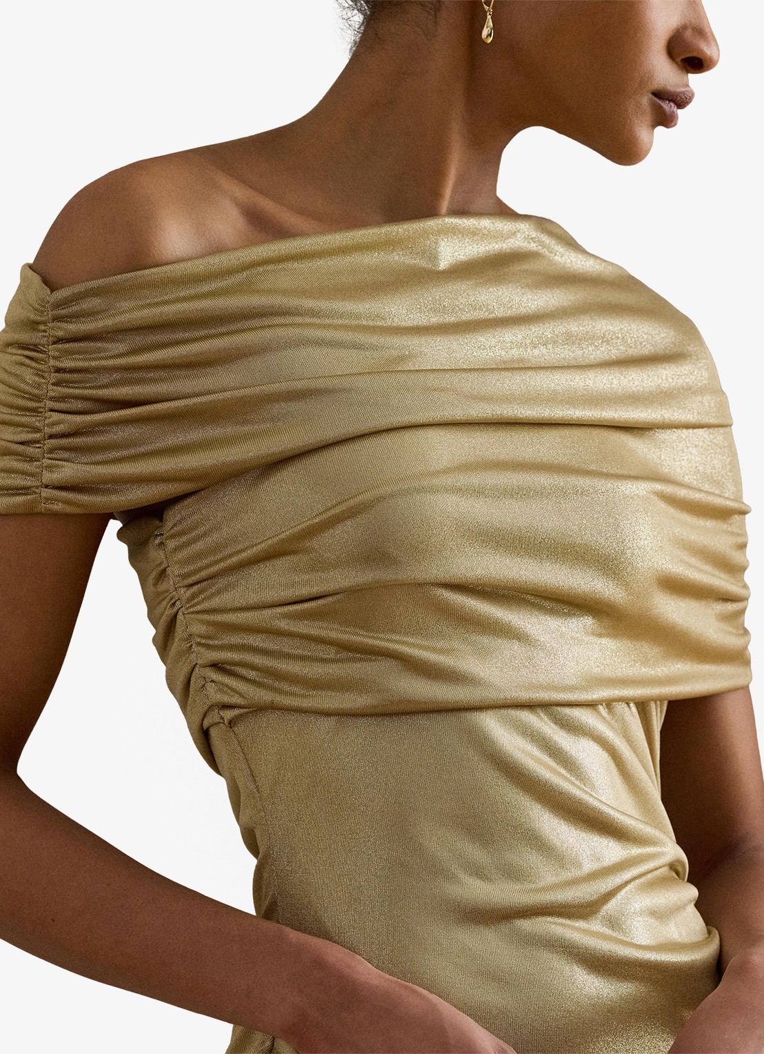 Ralph Lauren One shoulder midi jurk met metallic finish - detail birch tan/gold foil / beige