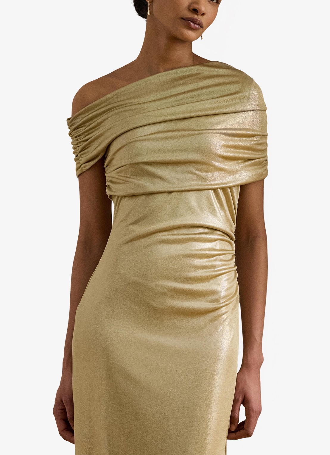 Ralph Lauren One shoulder midi jurk met metallic finish - detail 2 birch tan/gold foil / beige
