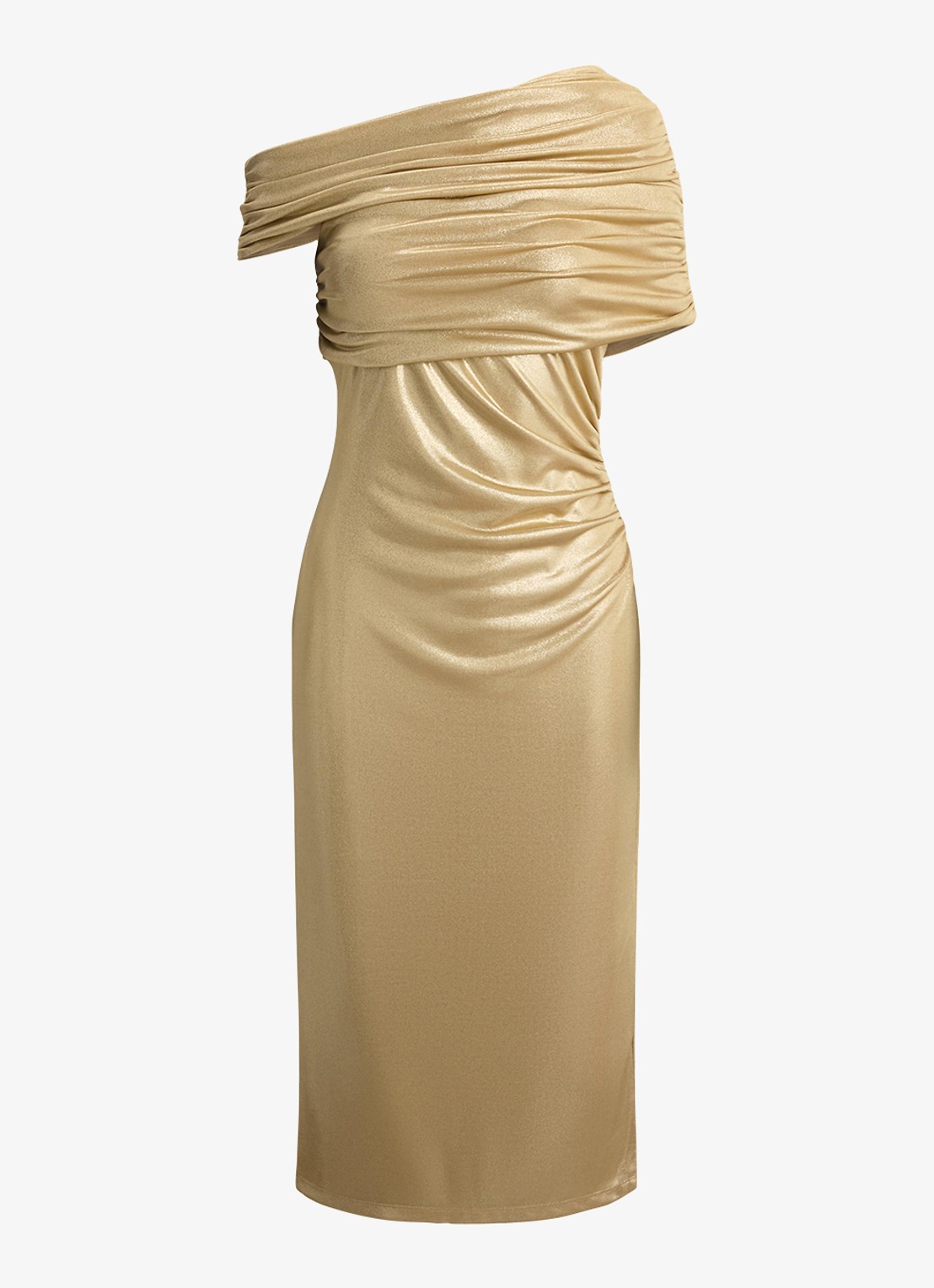 Ralph Lauren One shoulder midi jurk met metallic finish - voorkant 4 birch tan/gold foil / beige