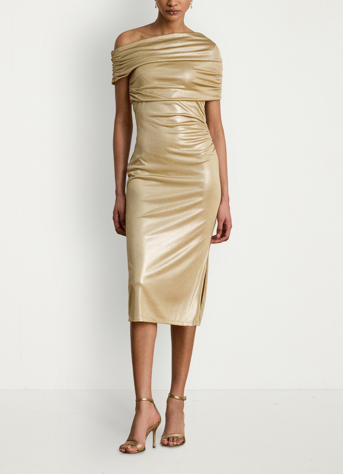 Ralph Lauren One shoulder midi jurk met metallic finish - voorkant 5 birch tan/gold foil / beige