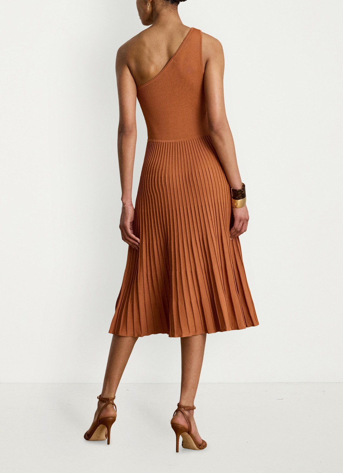 Ralph Lauren One shoulder midi jurk met ribstructuur - achterkant 3 red terracotta / rood