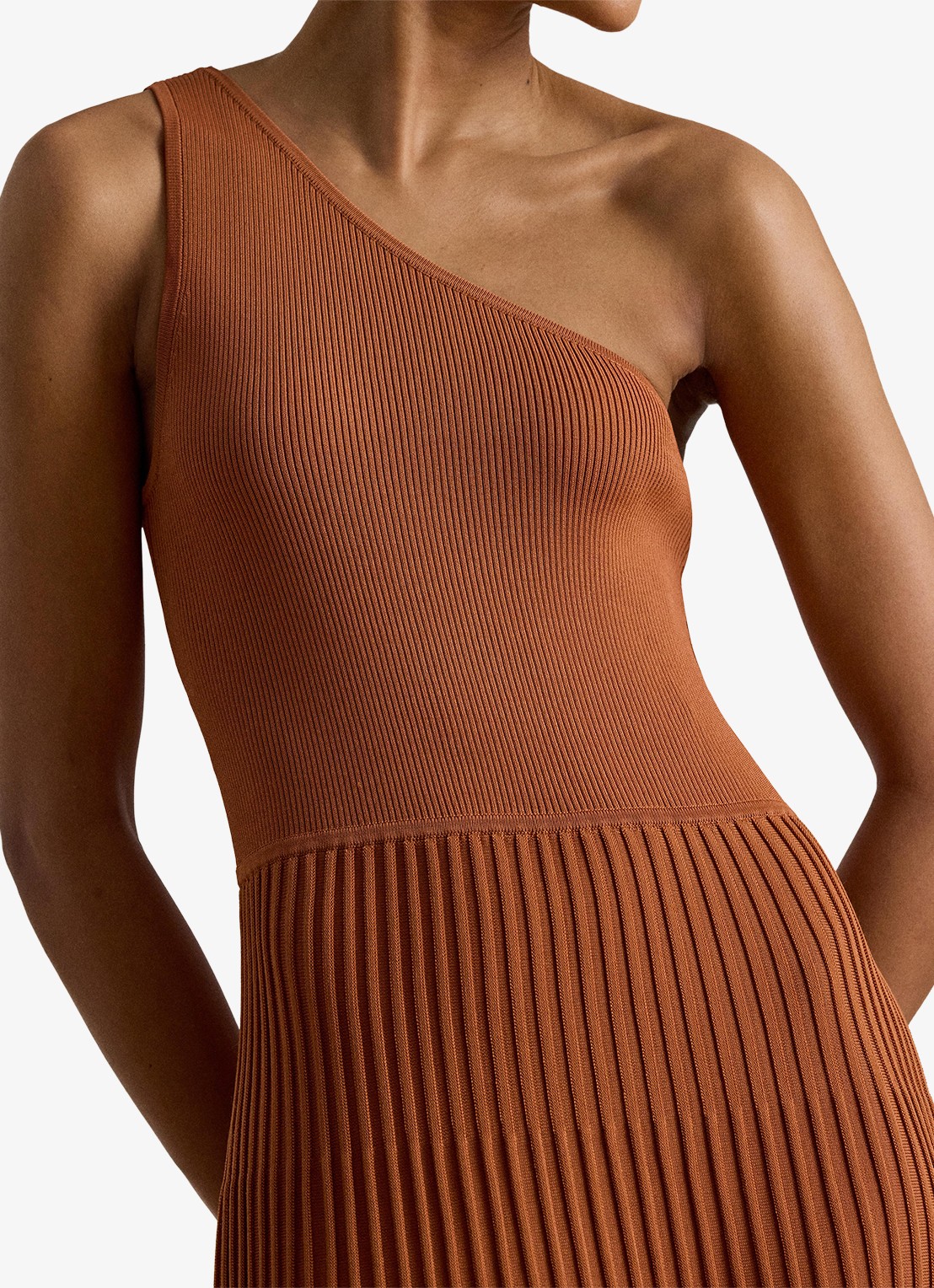 Ralph Lauren One shoulder midi jurk met ribstructuur - detail red terracotta / rood