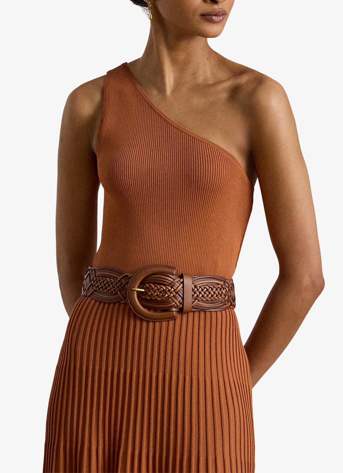 Ralph Lauren One shoulder midi jurk met ribstructuur - detail 2 red terracotta / rood