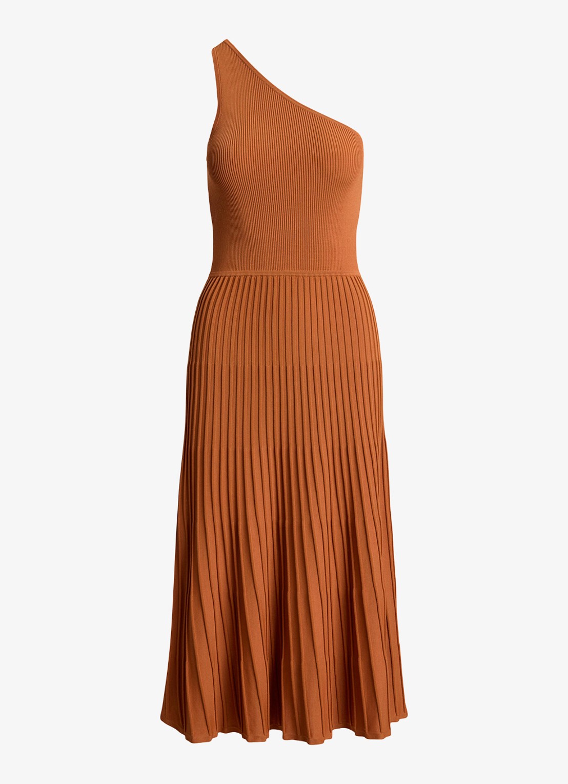 Ralph Lauren One shoulder midi jurk met ribstructuur - voorkant 4 red terracotta / rood