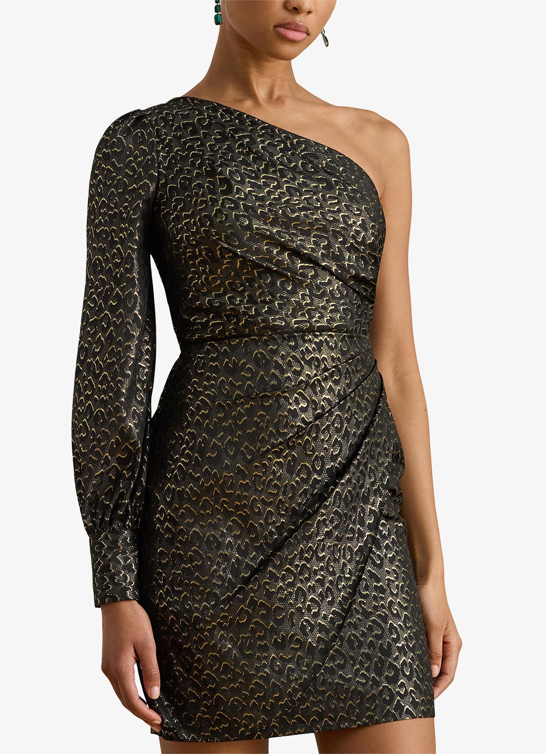 Ralph Lauren One shoulder mini kokerjurk met panterprint  - detail 2 black - gold metallic / zwart - goud