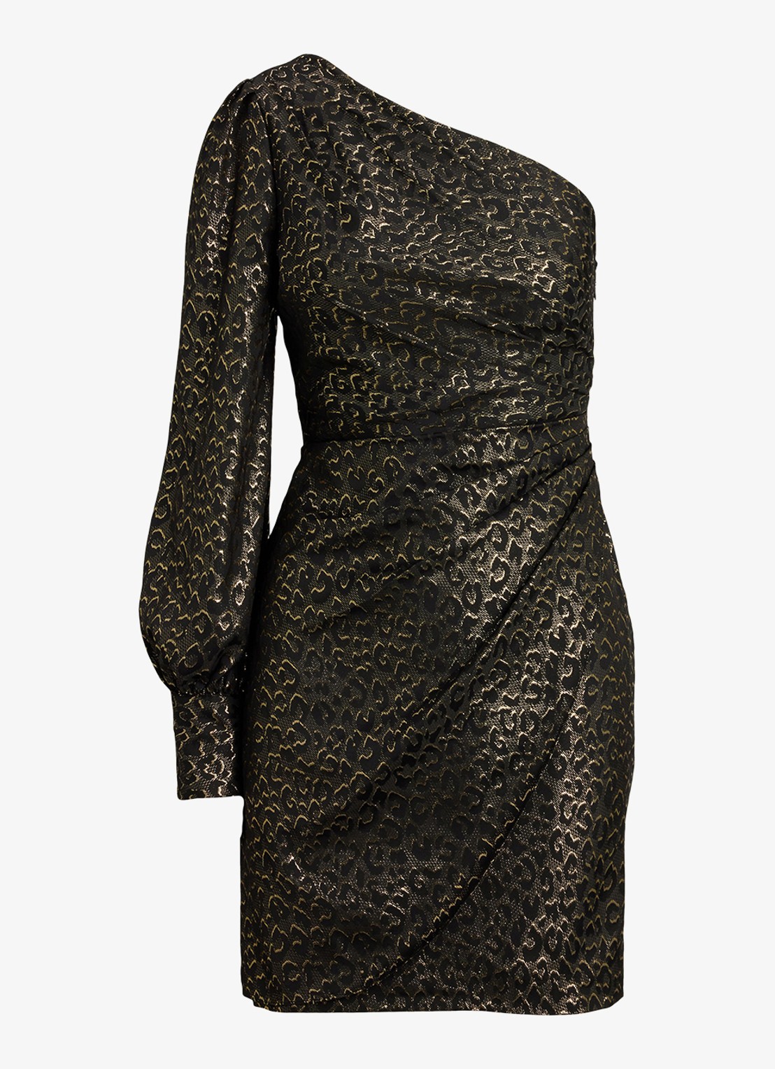 Ralph Lauren One shoulder mini kokerjurk met panterprint  - voorkant 4 black - gold metallic / zwart - goud