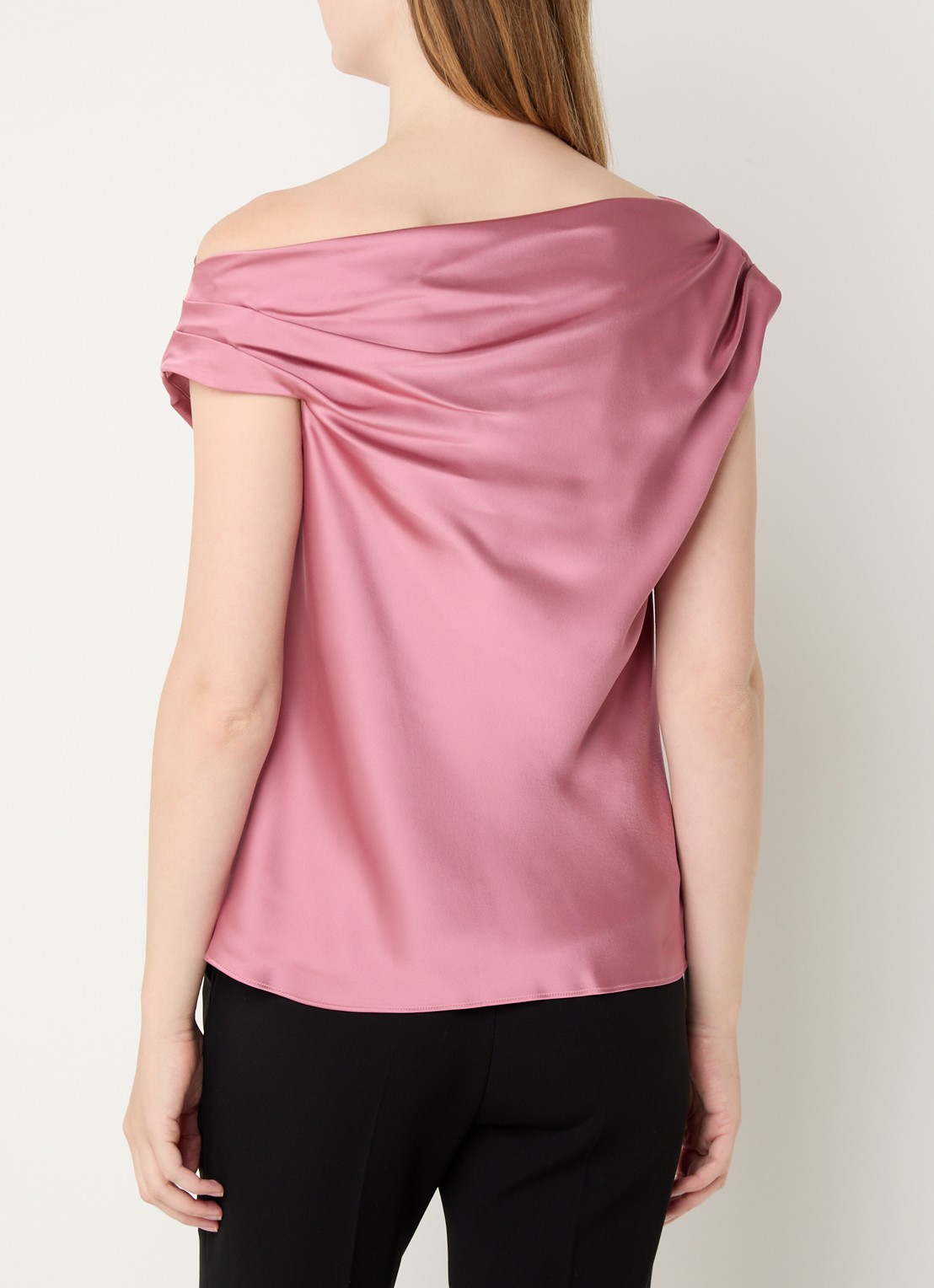 Ralph Lauren One shoulder top van satijn met plooidetail - achterkant rose blush / roze