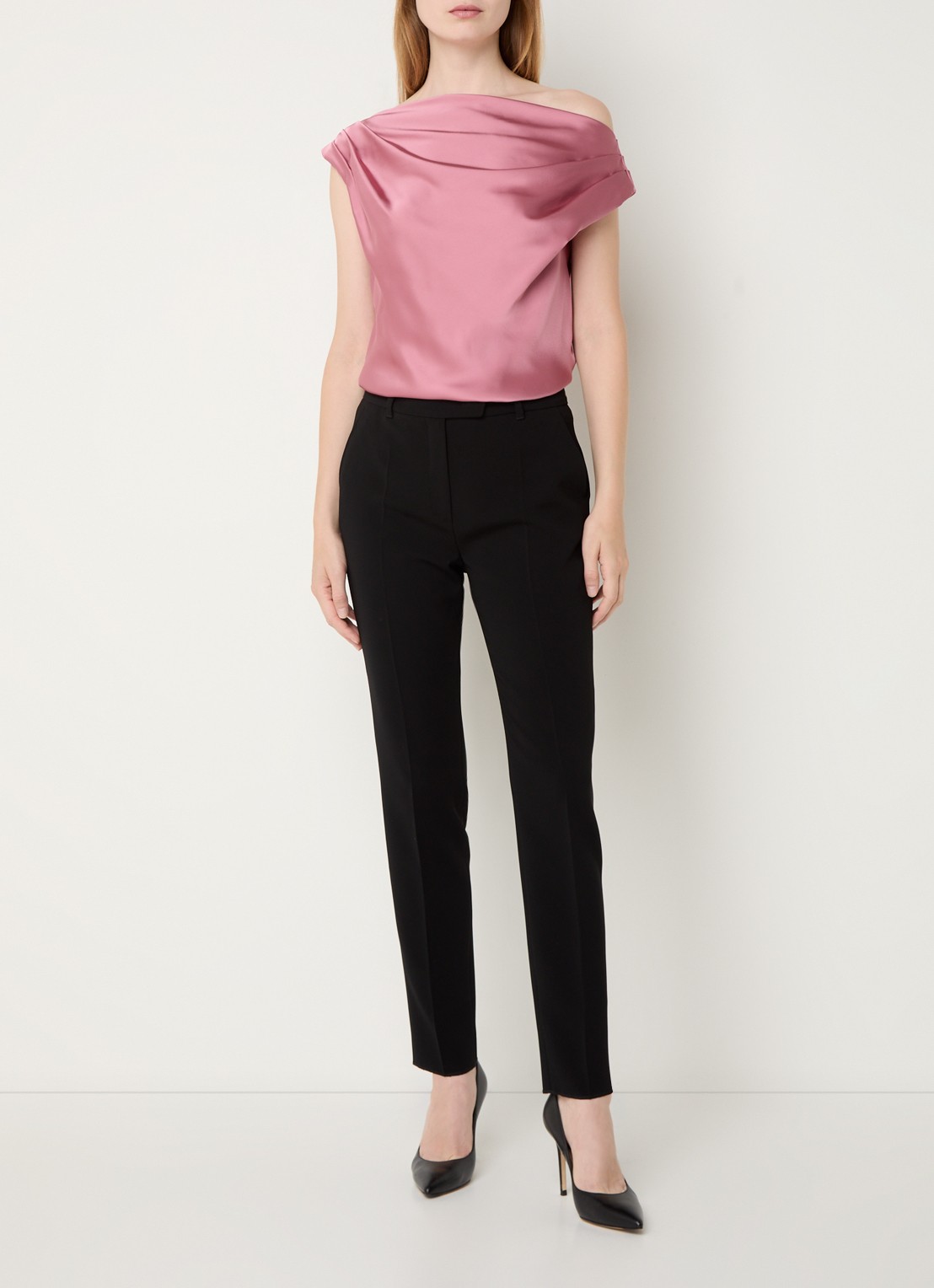 Ralph Lauren One shoulder top van satijn met plooidetail - voorkant 3 rose blush / roze