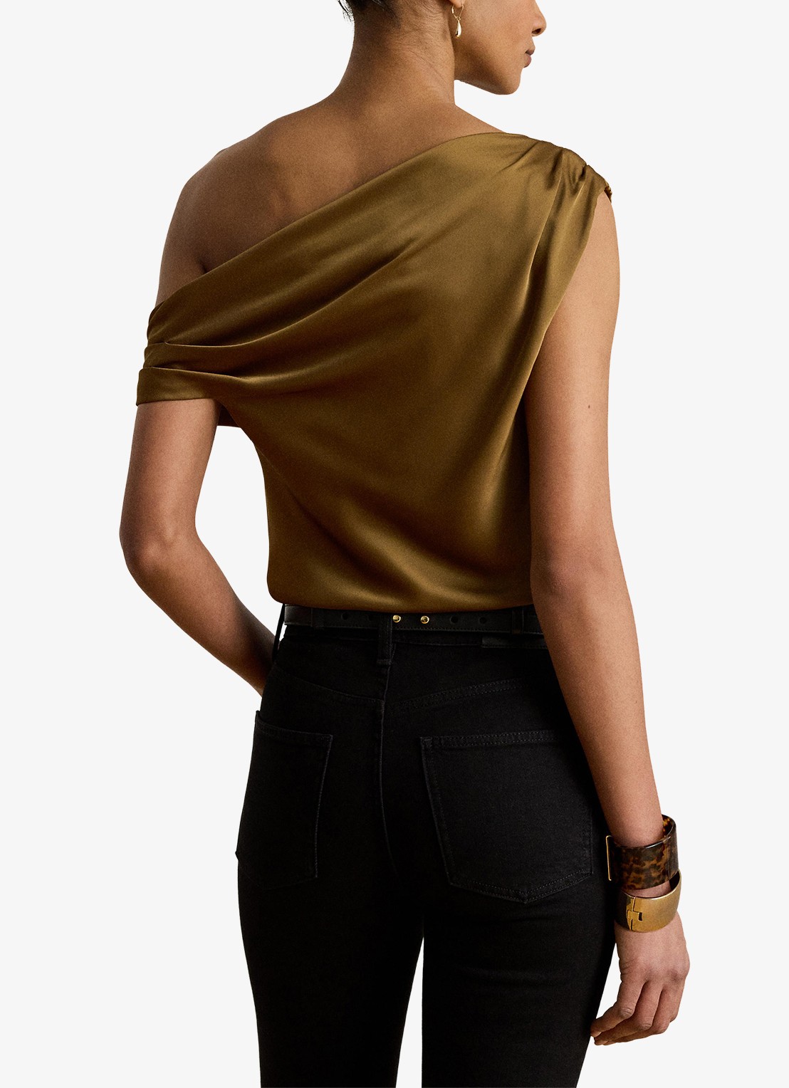 Ralph Lauren One shoulder top van satijn met plooidetail - achterkant tobacco bronze / bruin