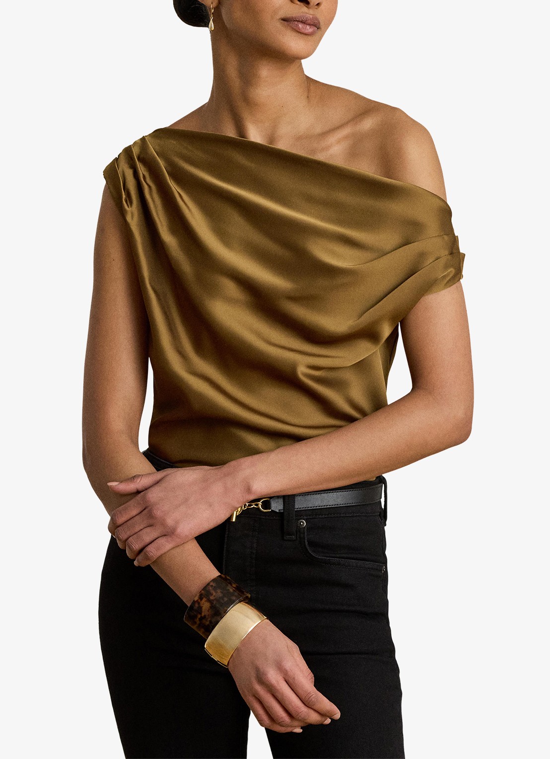 Ralph Lauren One shoulder top van satijn met plooidetail - detail 4 tobacco bronze / bruin