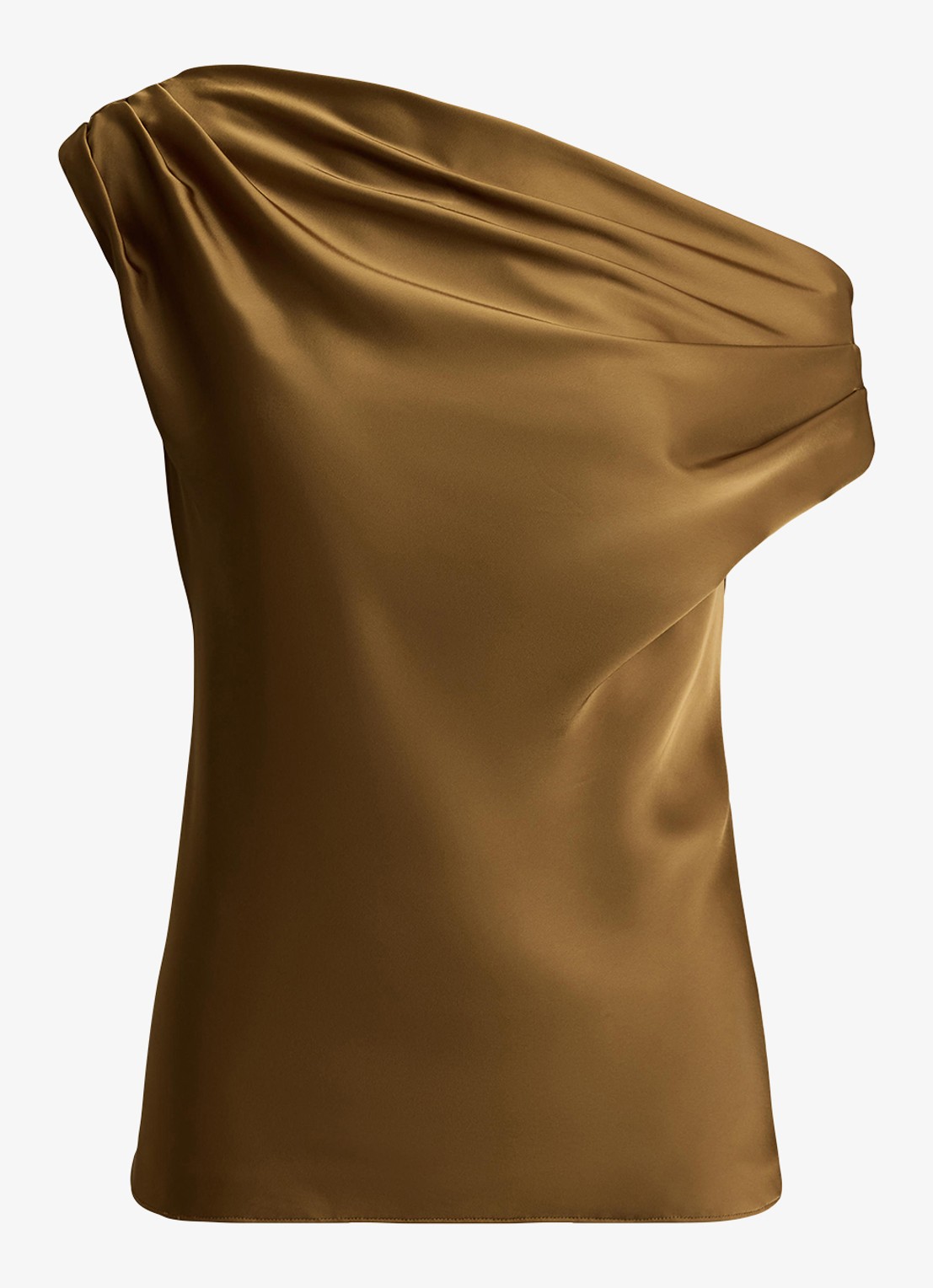 Ralph Lauren One shoulder top van satijn met plooidetail - voorkant 2 tobacco bronze / bruin