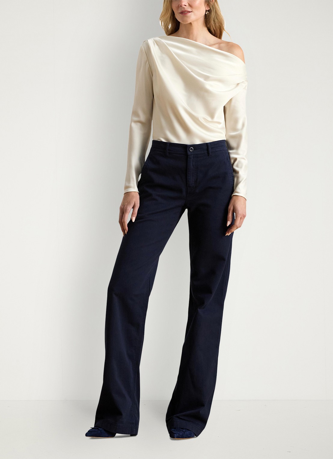 Ralph Lauren One shoulder tuniek van satijn met plooidetails - voorkant 4 creme