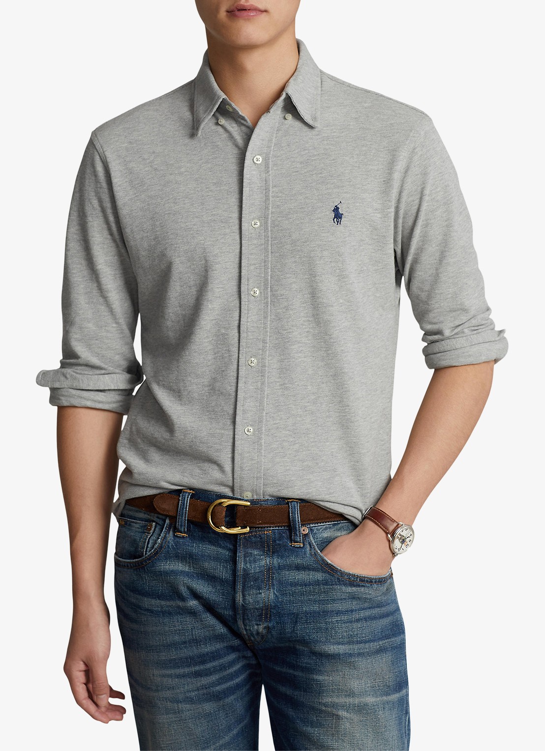 Ralph Lauren Overhemd van piqué katoen - detail andover heather / grijs
