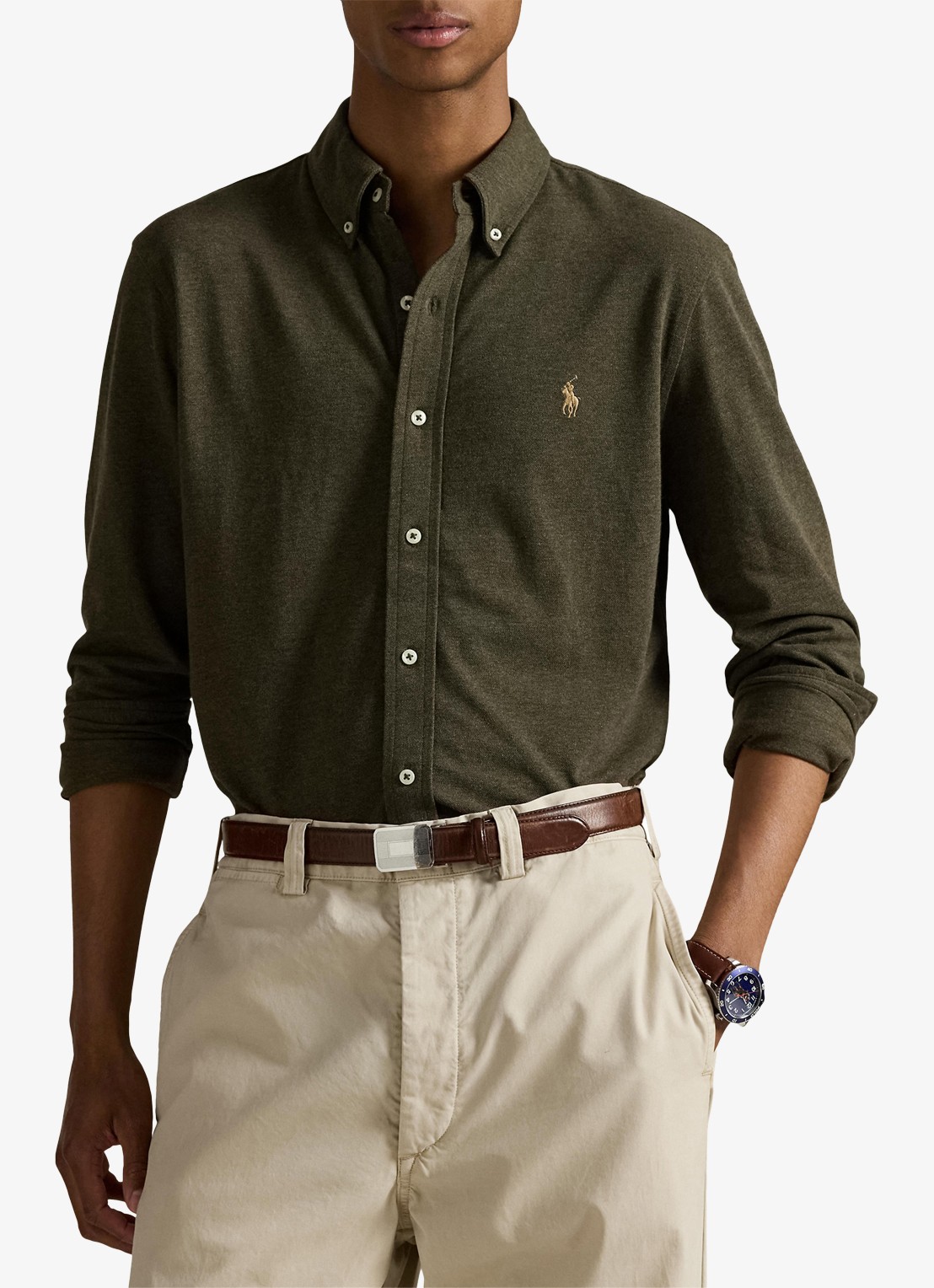 Ralph Lauren Overhemd van piqué katoen - detail wilson olive heather / bruin