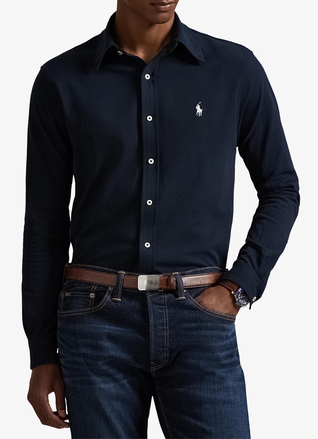 Ralph Lauren Overhemd van piqué katoen - detail aviator navy / donkerblauw