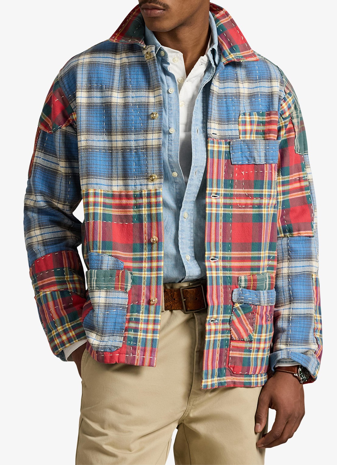 Ralph Lauren Overshirt met ruitdessin en patchwork - detail 4 valley peicing / rood