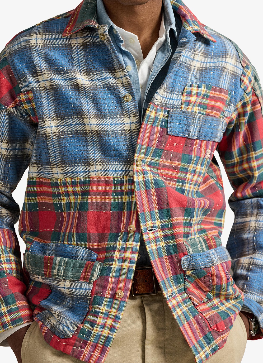 Ralph Lauren Overshirt met ruitdessin en patchwork - detail 5 valley peicing / rood