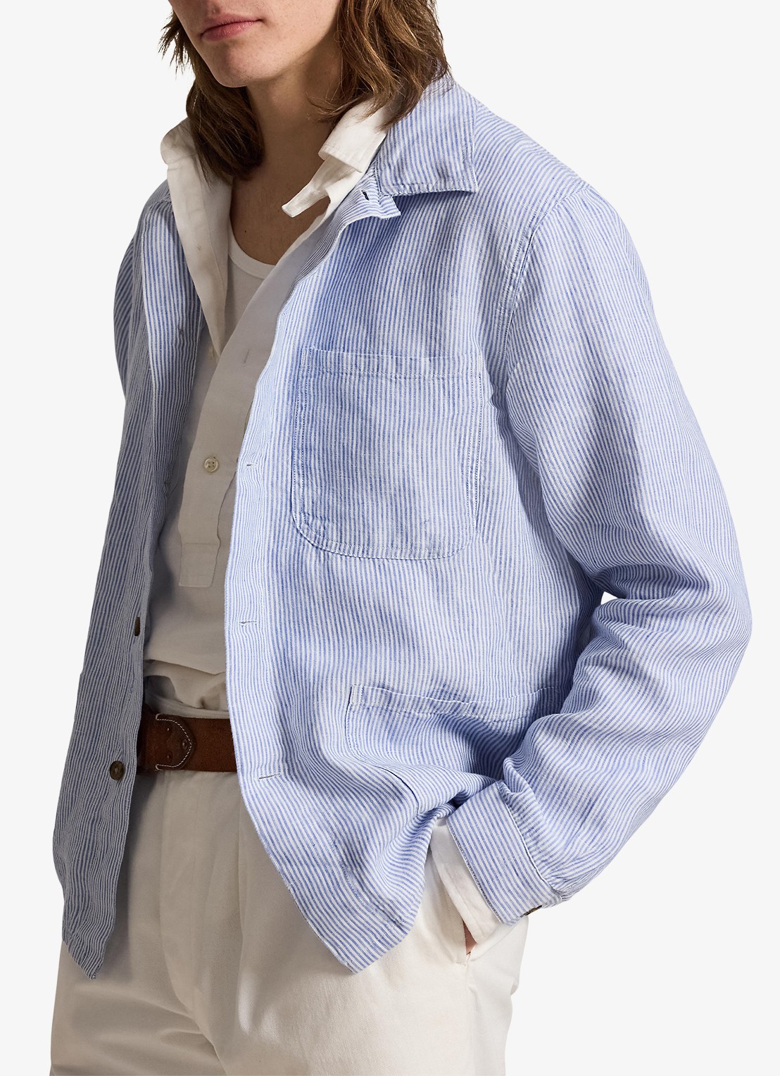 Ralph Lauren Overshirt van linnen met streepprint - detail 3 cabana blue white / blauw