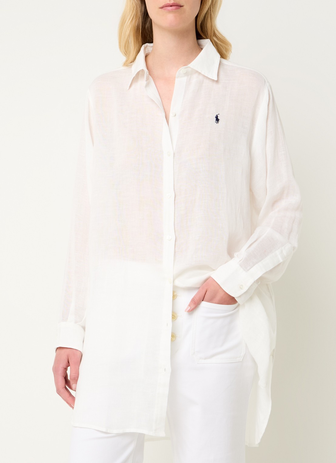 Ralph Lauren Oversized blouse in linnenblend met logoborduring - detail gebroken wit