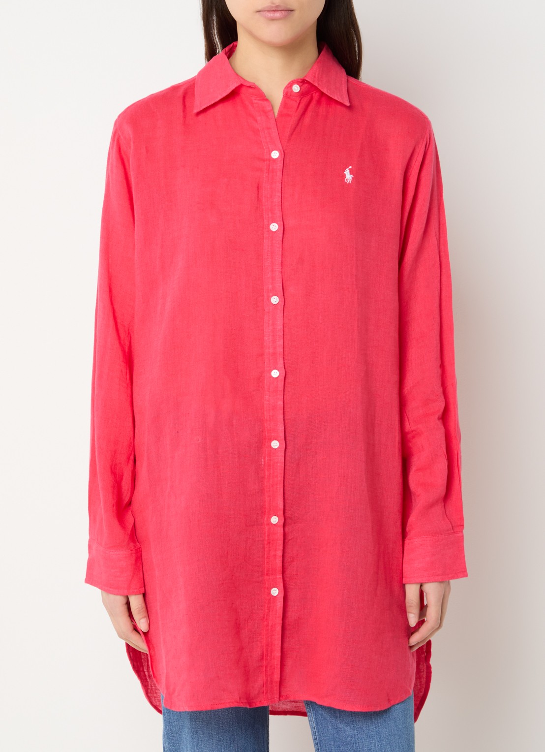 Ralph Lauren Oversized blouse in linnenblend met logoborduring - detail koraalrood