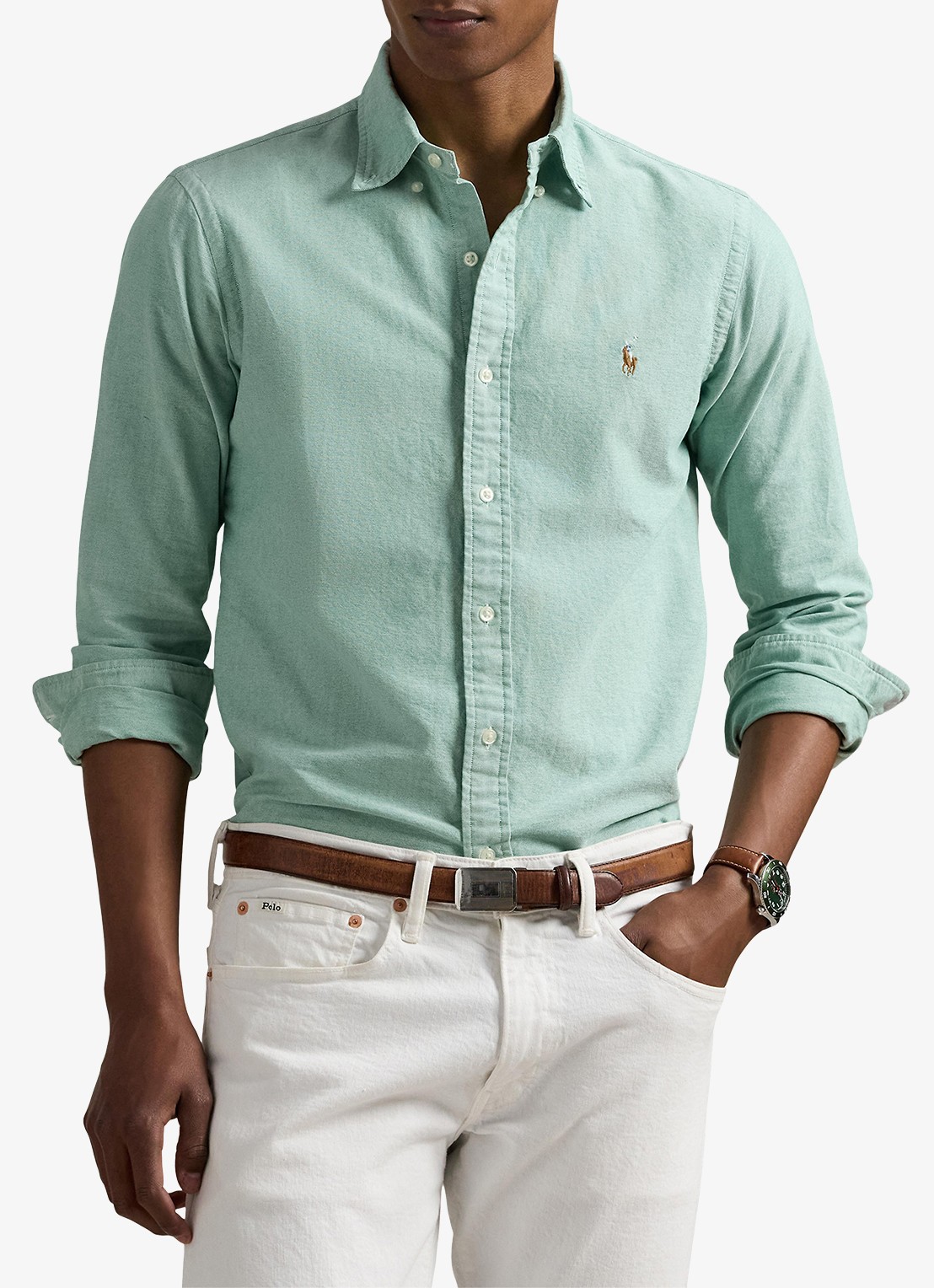 Ralph Lauren Oxford custom fit overhemd met button down kraag - detail hillside green / mintgroen