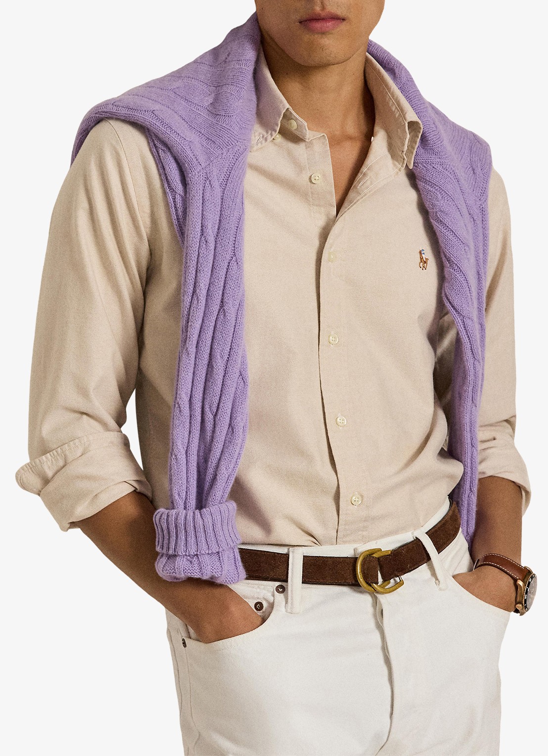 Ralph Lauren Oxford custom fit overhemd met button down kraag - voorkant 4 camel/white / camel