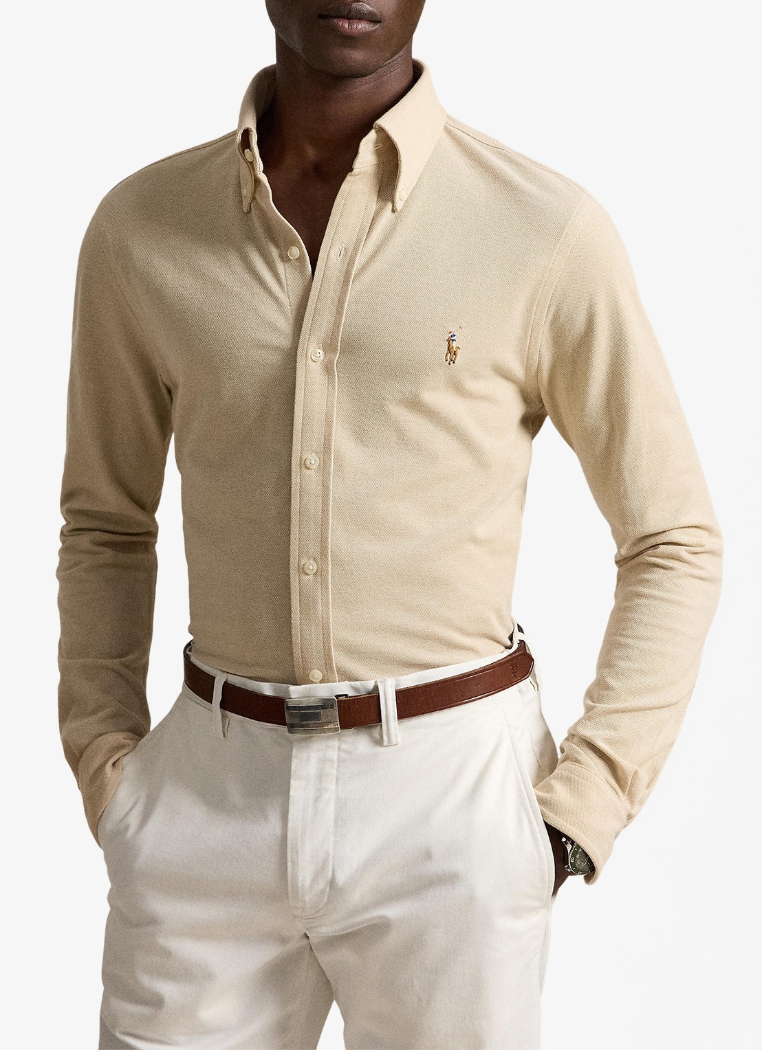 Ralph Lauren Oxford slim fit overhemd met logo - voorkant 3 coastal beige / beige
