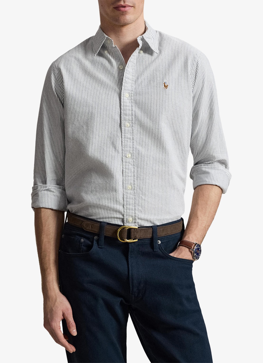 Ralph Lauren Oxford slim fit overhemd met streepprint - voorkant 4 navy white / donkerblauw