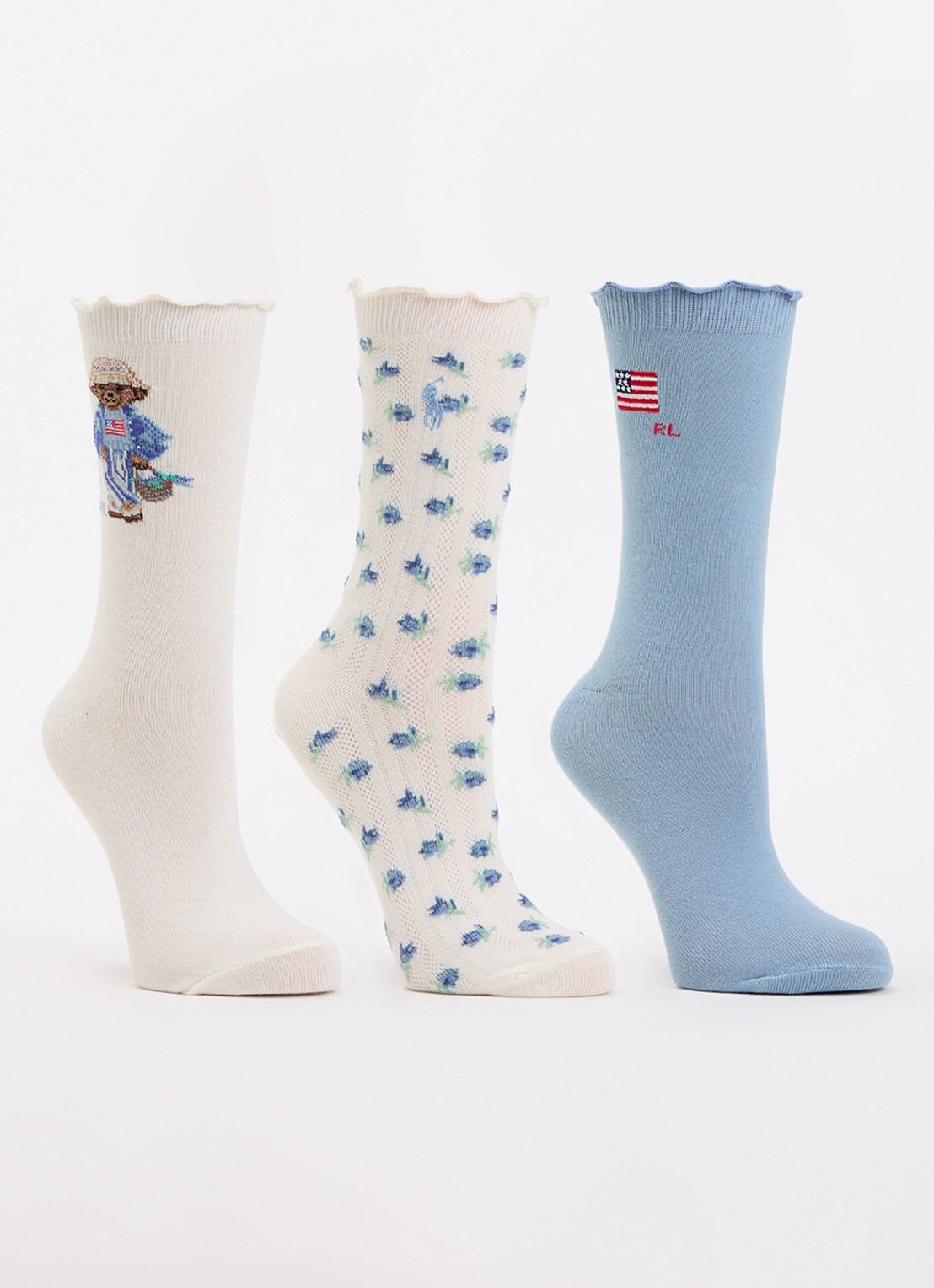 Ralph Lauren Polo Bear sokken met print en logo in 3-pack - voorkant 2 staalblauw