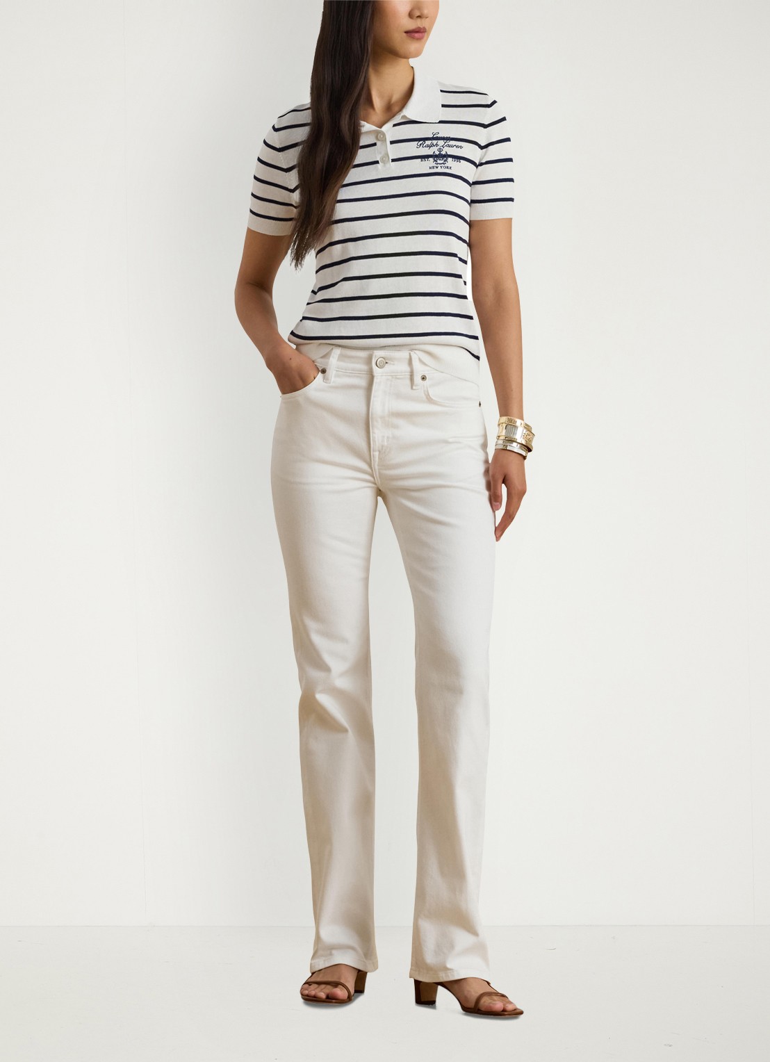 Ralph Lauren Polo met streepprint en logoborduring - voorkant 4 wit