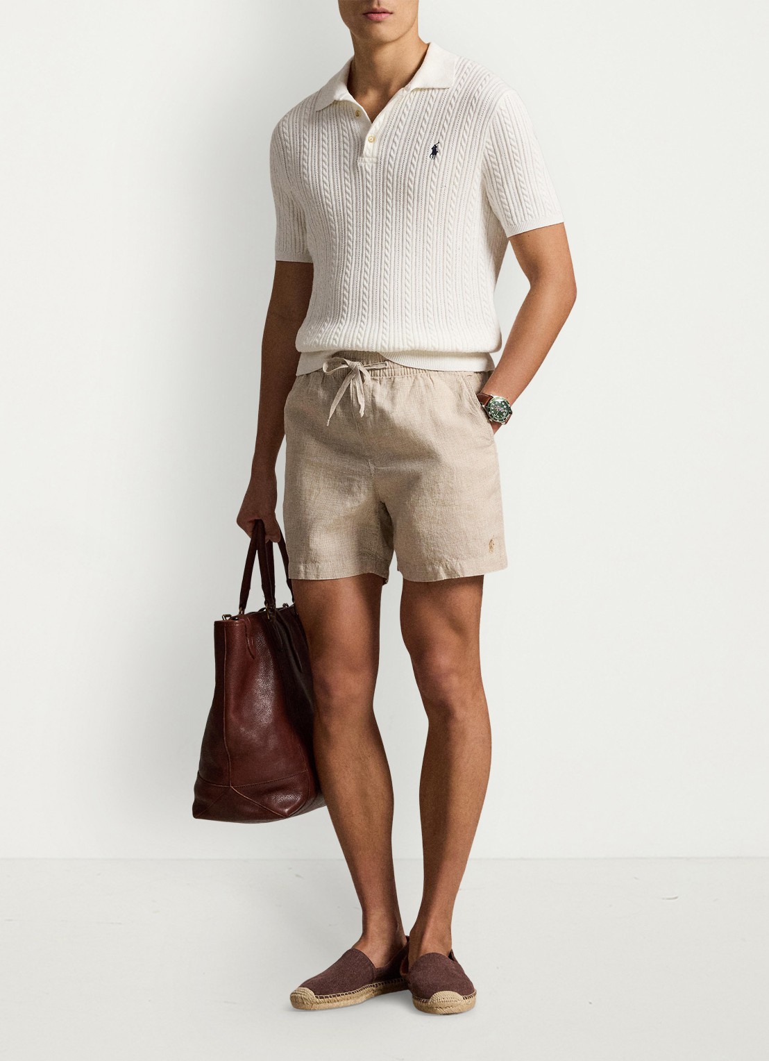 Ralph Lauren Polo Prepster straight fit korte broek van linnen - voorkant 5 coastal beige white / beige